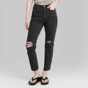 Wild Fable Women's Super-High Rise Distressed Slim Straight Jeans -Black Wash, 6